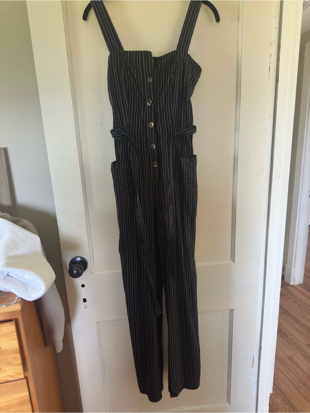 Haute Monde Black Pinstripe Button-Front Jumpsuit